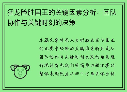 猛龙险胜国王的关键因素分析：团队协作与关键时刻的决策